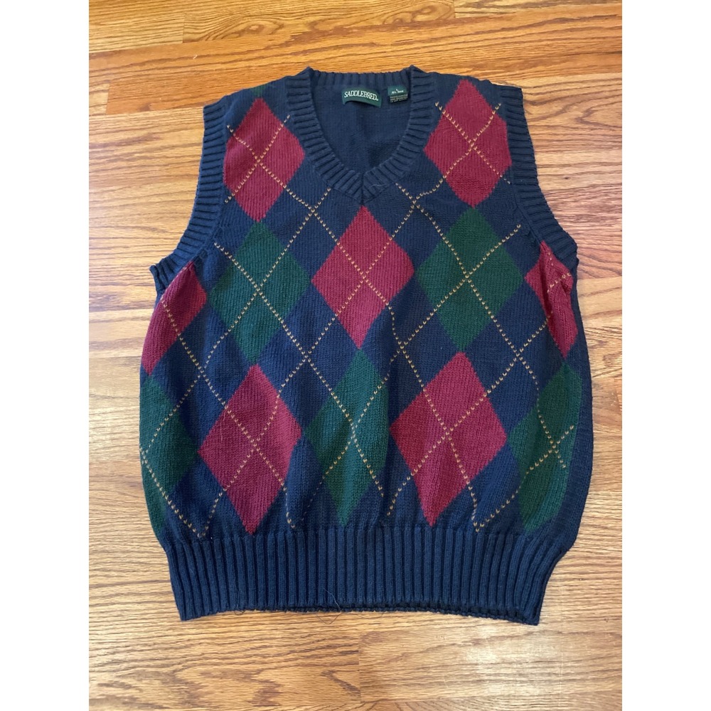 VTG Saddlebred Mens Sweater Vest Large Navy Blue Argyle V-Neck Ramie Cotton Knit
